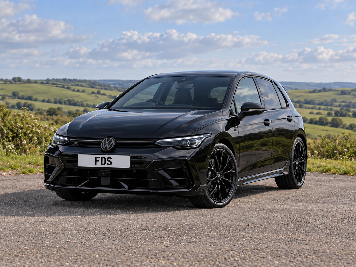 Black Volkswagen Golf R Black Edition, front three-quarter view in open countryside.